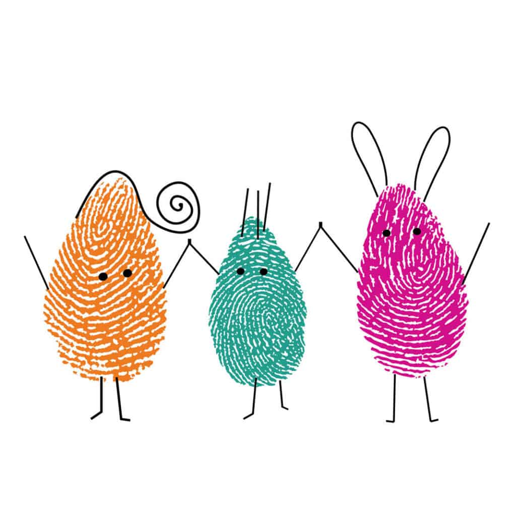 Three of the charity's Friendlie thumbprint characters cheering and holding hands