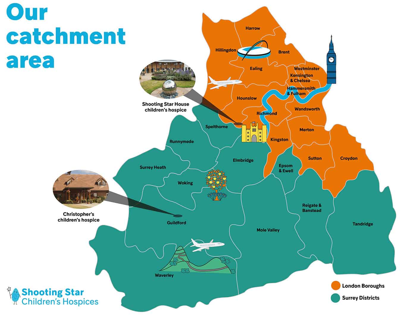 A map of our catchment area, showing Surrey and the 14 london boroughs we cover: Hillingdon, Harrow, Brent, Ealing, Westminster, Kensington and Chelsea, Hammersmith and Fulham, Hounslow, Richmond, Wandsworth, Merton, Kingsston, Sutton and Croydon.