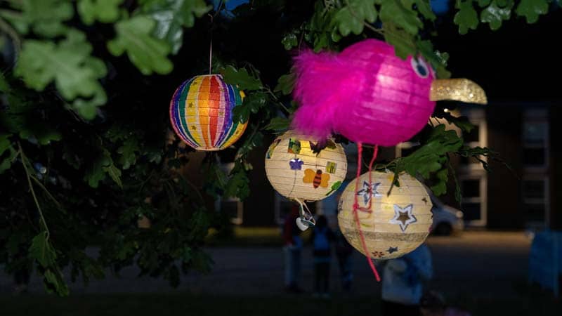 decorated memory lanterns hanging from trees