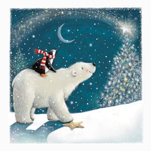 A child riding a polar bear, looking at a star