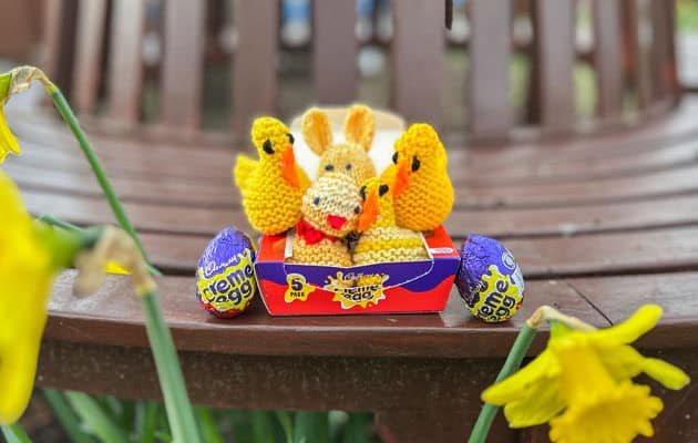 A box of easter egg cozies covering creme eggs