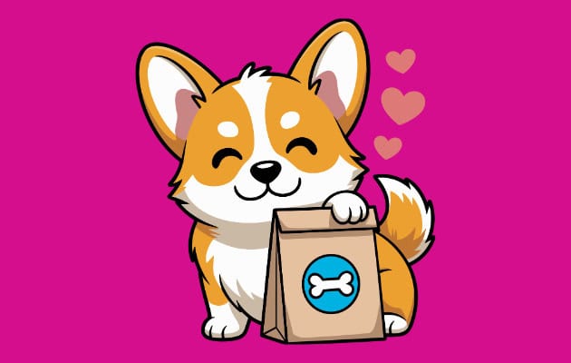 a cute cartoon dog holding a treat bag